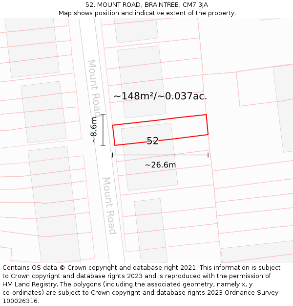52, MOUNT ROAD, BRAINTREE, CM7 3JA: Plot and title map