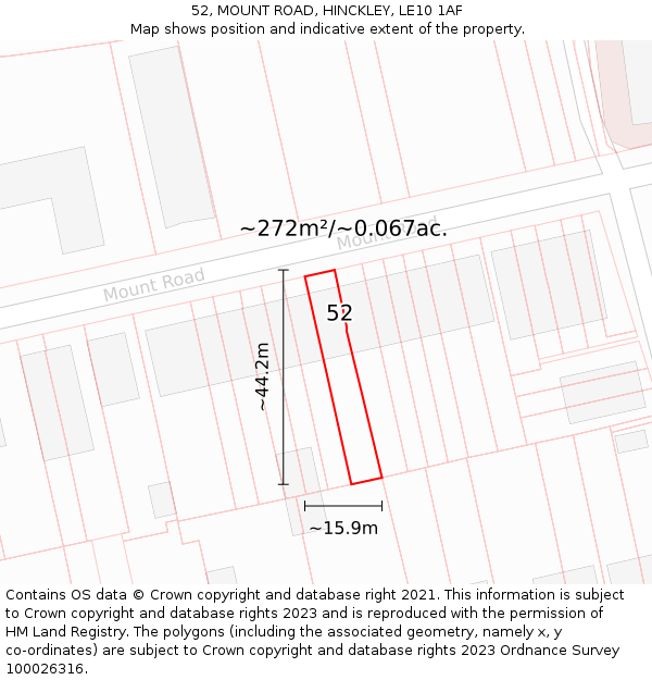 52, MOUNT ROAD, HINCKLEY, LE10 1AF: Plot and title map