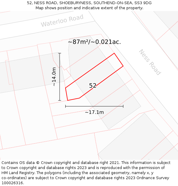52, NESS ROAD, SHOEBURYNESS, SOUTHEND-ON-SEA, SS3 9DG: Plot and title map