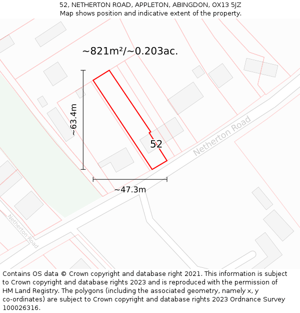 52, NETHERTON ROAD, APPLETON, ABINGDON, OX13 5JZ: Plot and title map