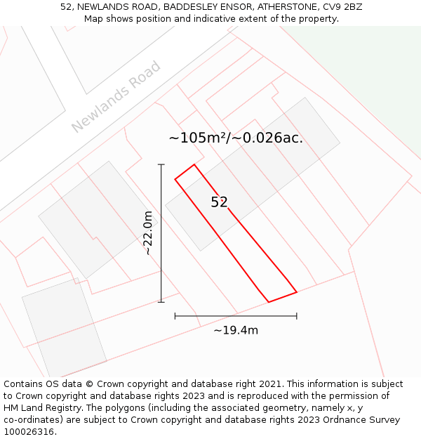 52, NEWLANDS ROAD, BADDESLEY ENSOR, ATHERSTONE, CV9 2BZ: Plot and title map
