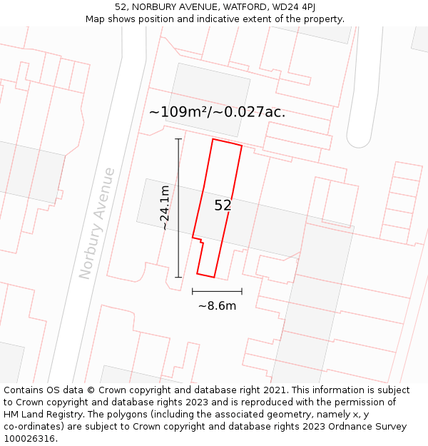 52, NORBURY AVENUE, WATFORD, WD24 4PJ: Plot and title map