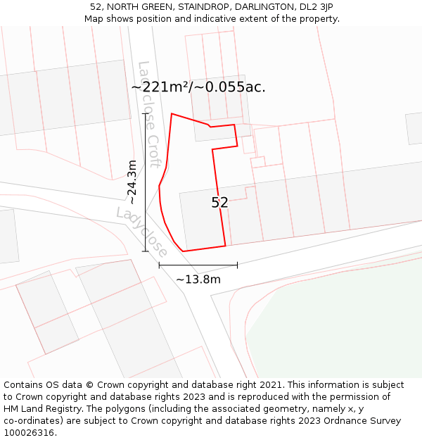 52, NORTH GREEN, STAINDROP, DARLINGTON, DL2 3JP: Plot and title map