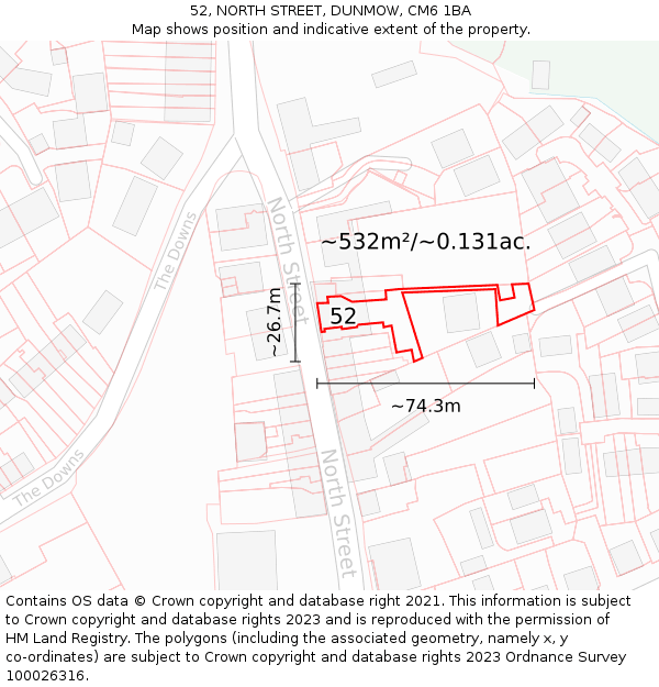 52, NORTH STREET, DUNMOW, CM6 1BA: Plot and title map