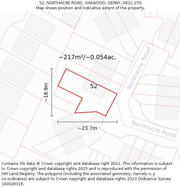 52, NORTHACRE ROAD, OAKWOOD, DERBY, DE21 2TN: Plot and title map