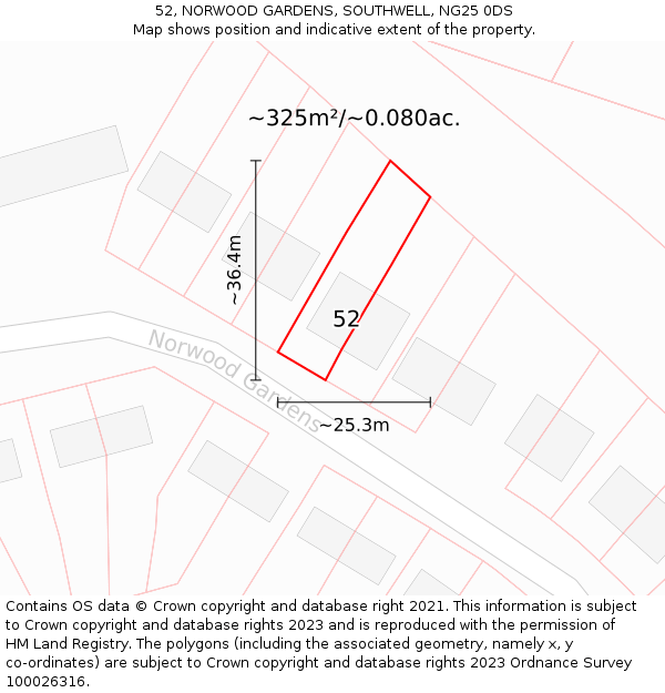 52, NORWOOD GARDENS, SOUTHWELL, NG25 0DS: Plot and title map