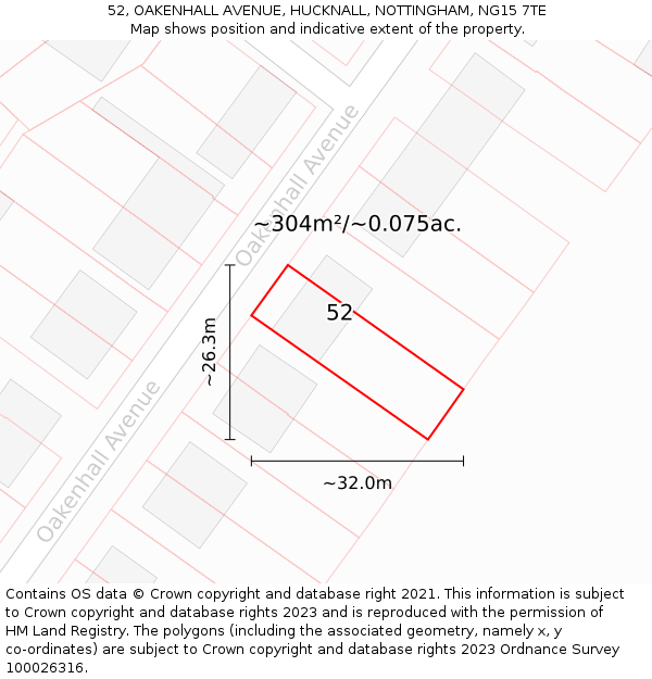 52, OAKENHALL AVENUE, HUCKNALL, NOTTINGHAM, NG15 7TE: Plot and title map