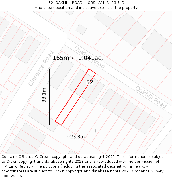 52, OAKHILL ROAD, HORSHAM, RH13 5LD: Plot and title map