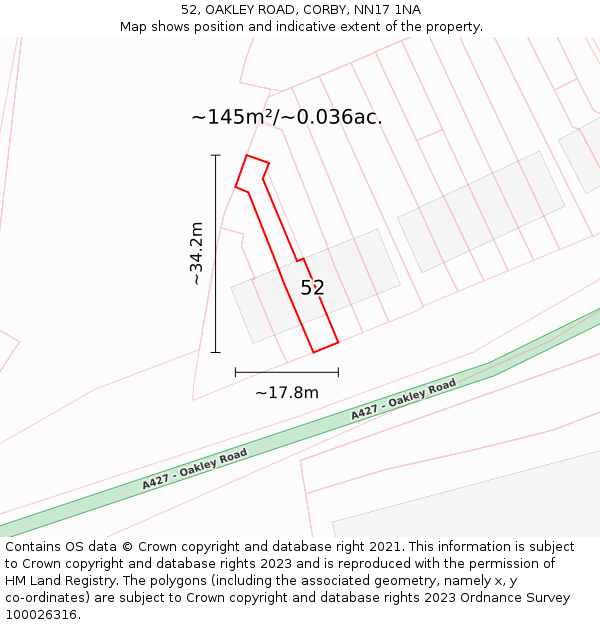 52, OAKLEY ROAD, CORBY, NN17 1NA: Plot and title map