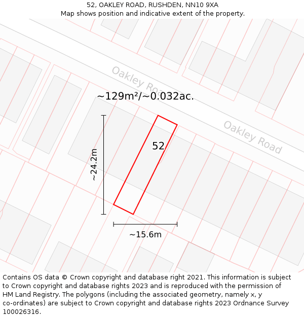 52, OAKLEY ROAD, RUSHDEN, NN10 9XA: Plot and title map