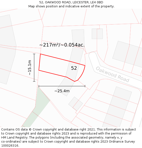 52, OAKWOOD ROAD, LEICESTER, LE4 0BD: Plot and title map