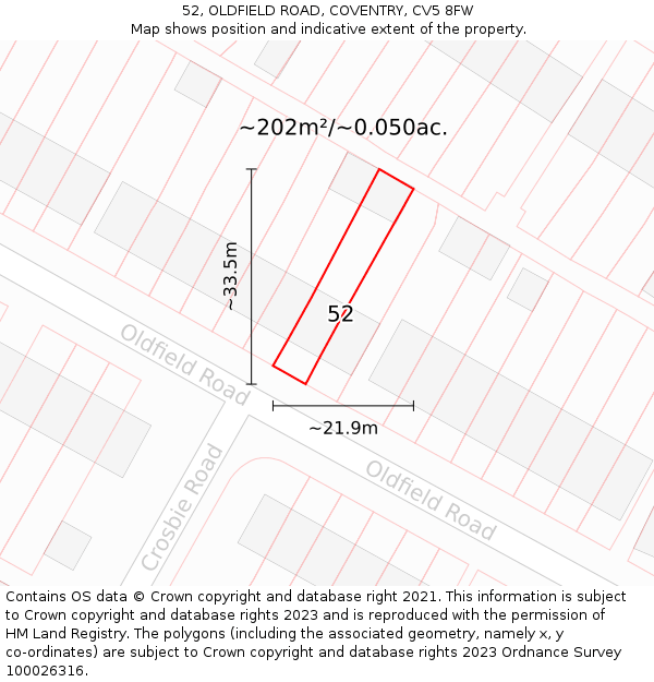 52, OLDFIELD ROAD, COVENTRY, CV5 8FW: Plot and title map
