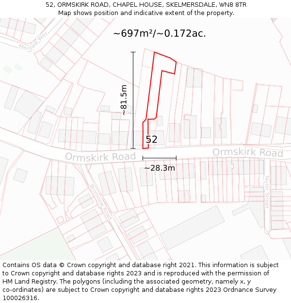 52, ORMSKIRK ROAD, CHAPEL HOUSE, SKELMERSDALE, WN8 8TR: Plot and title map