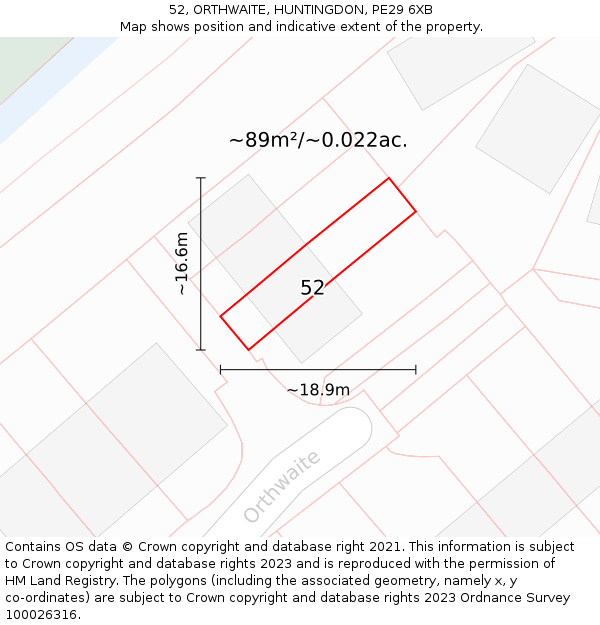 52, ORTHWAITE, HUNTINGDON, PE29 6XB: Plot and title map