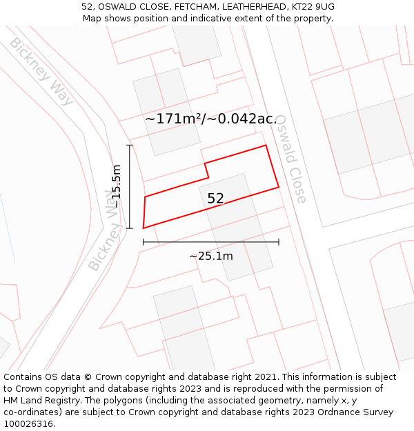 52, OSWALD CLOSE, FETCHAM, LEATHERHEAD, KT22 9UG: Plot and title map