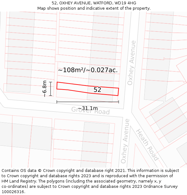 52, OXHEY AVENUE, WATFORD, WD19 4HG: Plot and title map