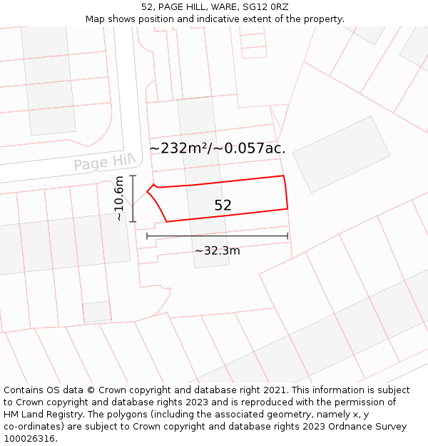 52, PAGE HILL, WARE, SG12 0RZ: Plot and title map