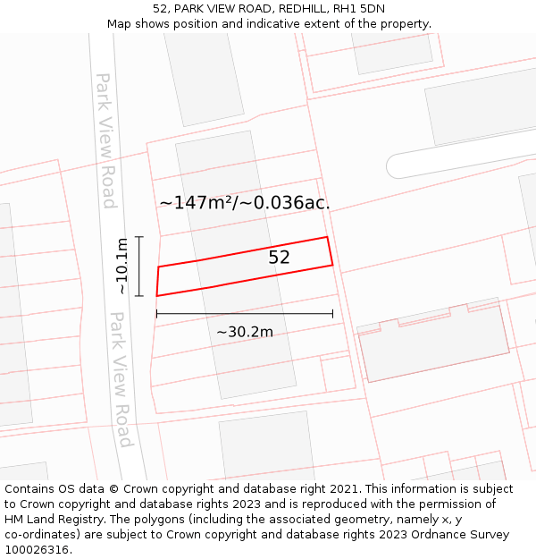 52, PARK VIEW ROAD, REDHILL, RH1 5DN: Plot and title map