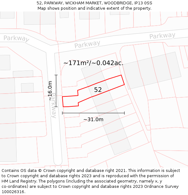 52, PARKWAY, WICKHAM MARKET, WOODBRIDGE, IP13 0SS: Plot and title map