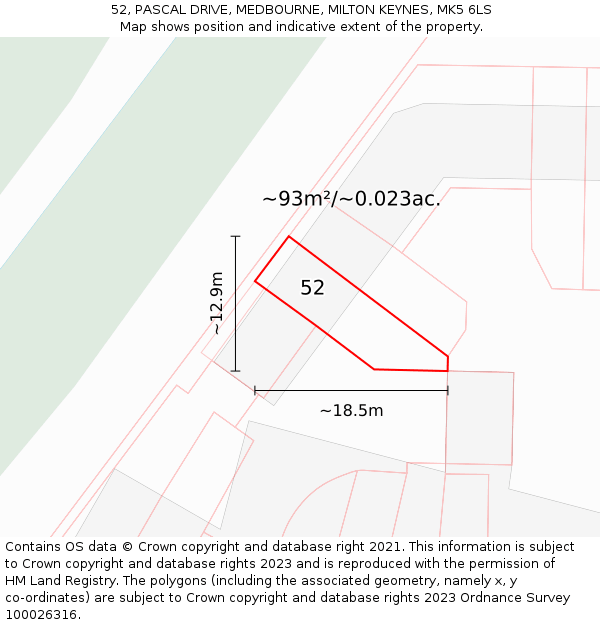 52, PASCAL DRIVE, MEDBOURNE, MILTON KEYNES, MK5 6LS: Plot and title map