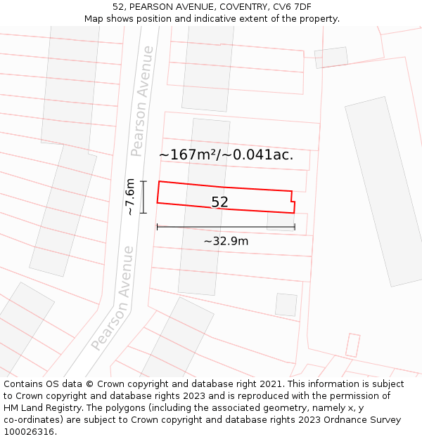 52, PEARSON AVENUE, COVENTRY, CV6 7DF: Plot and title map