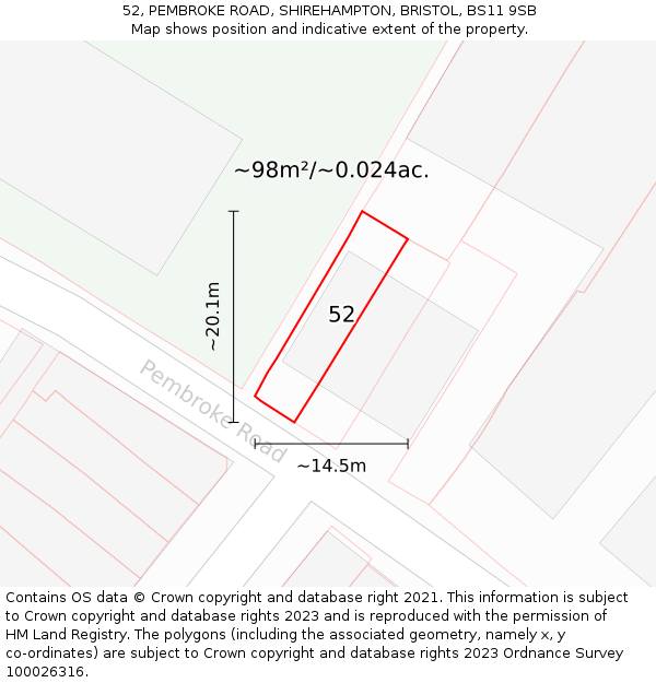 52, PEMBROKE ROAD, SHIREHAMPTON, BRISTOL, BS11 9SB: Plot and title map