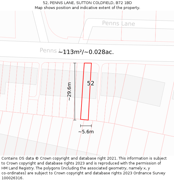 52, PENNS LANE, SUTTON COLDFIELD, B72 1BD: Plot and title map