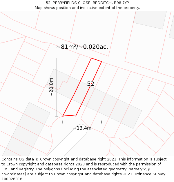 52, PERRYFIELDS CLOSE, REDDITCH, B98 7YP: Plot and title map