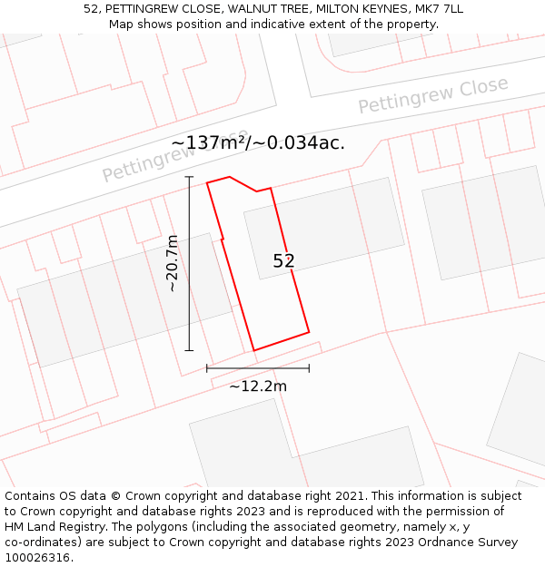 52, PETTINGREW CLOSE, WALNUT TREE, MILTON KEYNES, MK7 7LL: Plot and title map