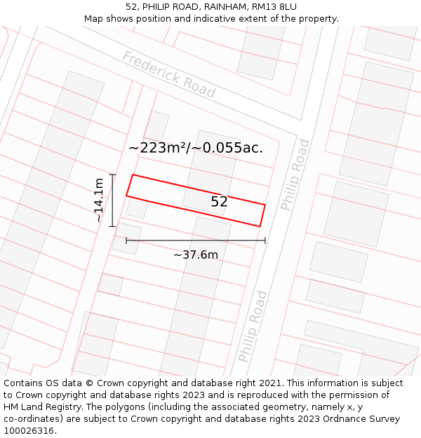 52, PHILIP ROAD, RAINHAM, RM13 8LU: Plot and title map