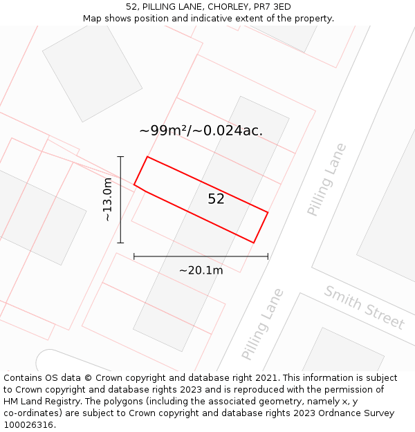 52, PILLING LANE, CHORLEY, PR7 3ED: Plot and title map