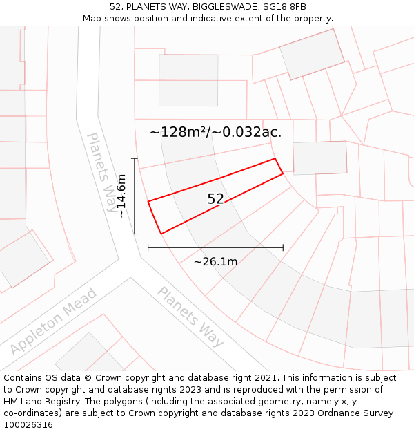 52, PLANETS WAY, BIGGLESWADE, SG18 8FB: Plot and title map