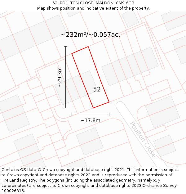 52, POULTON CLOSE, MALDON, CM9 6GB: Plot and title map