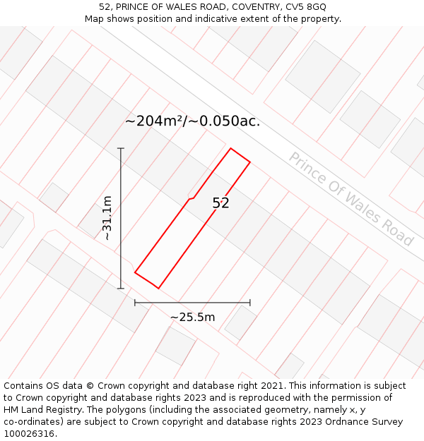 52, PRINCE OF WALES ROAD, COVENTRY, CV5 8GQ: Plot and title map