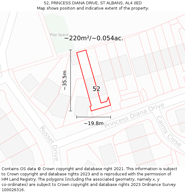 52, PRINCESS DIANA DRIVE, ST ALBANS, AL4 0ED: Plot and title map