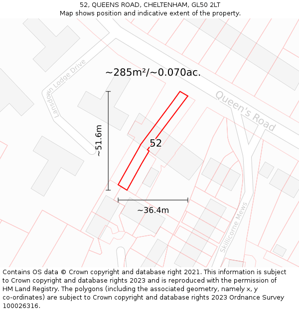 52, QUEENS ROAD, CHELTENHAM, GL50 2LT: Plot and title map