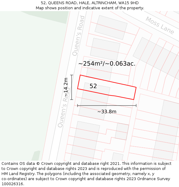 52, QUEENS ROAD, HALE, ALTRINCHAM, WA15 9HD: Plot and title map