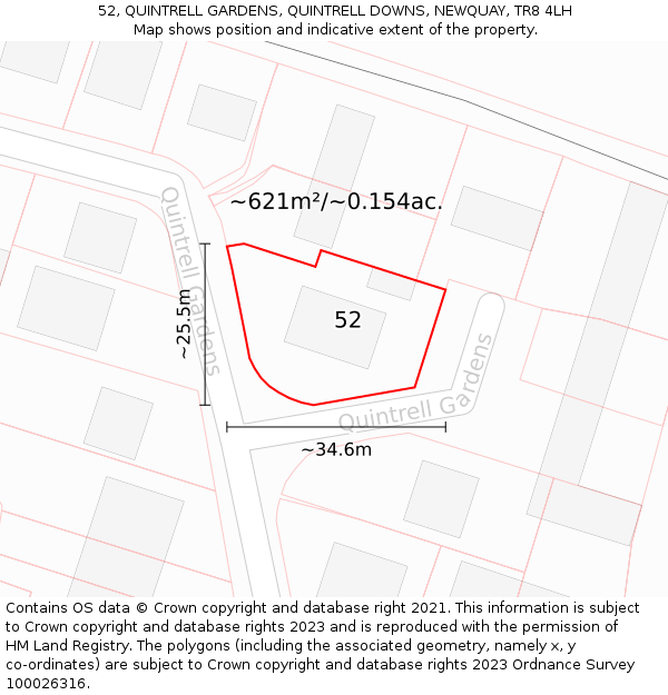 52, QUINTRELL GARDENS, QUINTRELL DOWNS, NEWQUAY, TR8 4LH: Plot and title map