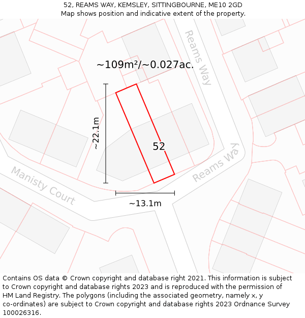 52, REAMS WAY, KEMSLEY, SITTINGBOURNE, ME10 2GD: Plot and title map