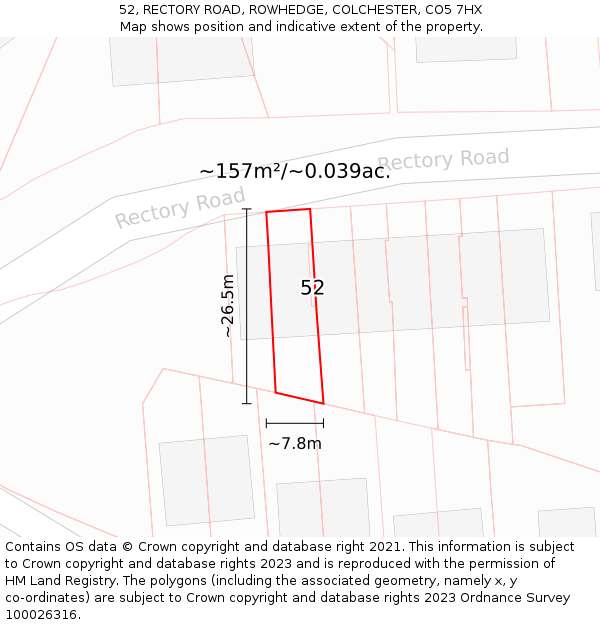 52, RECTORY ROAD, ROWHEDGE, COLCHESTER, CO5 7HX: Plot and title map