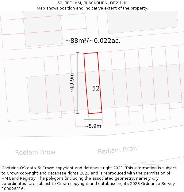 52, REDLAM, BLACKBURN, BB2 1UL: Plot and title map