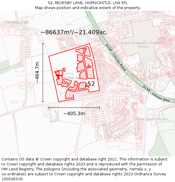 52, REVESBY LANE, HORNCASTLE, LN9 5FL: Plot and title map