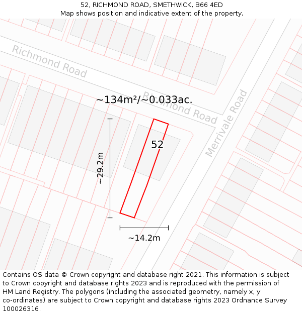 52, RICHMOND ROAD, SMETHWICK, B66 4ED: Plot and title map