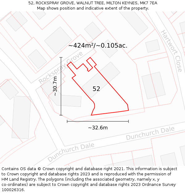 52, ROCKSPRAY GROVE, WALNUT TREE, MILTON KEYNES, MK7 7EA: Plot and title map