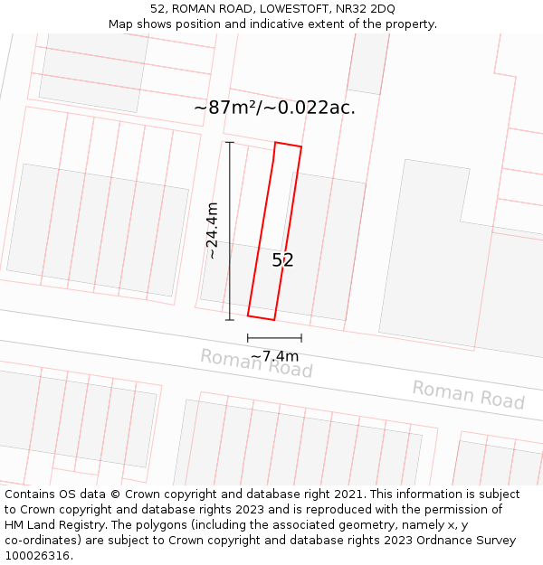 52, ROMAN ROAD, LOWESTOFT, NR32 2DQ: Plot and title map