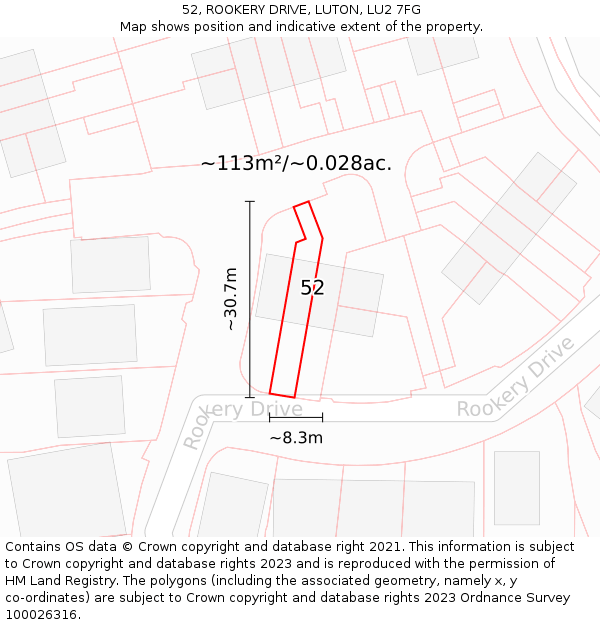 52, ROOKERY DRIVE, LUTON, LU2 7FG: Plot and title map