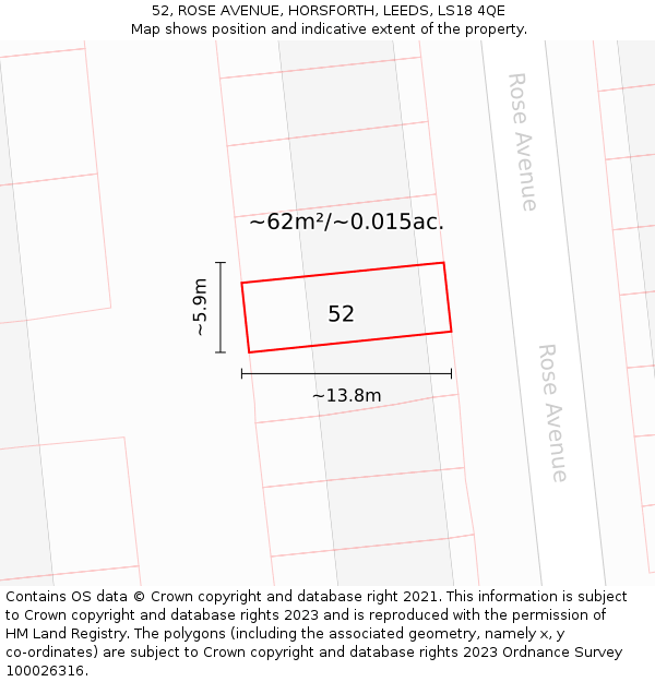 52, ROSE AVENUE, HORSFORTH, LEEDS, LS18 4QE: Plot and title map