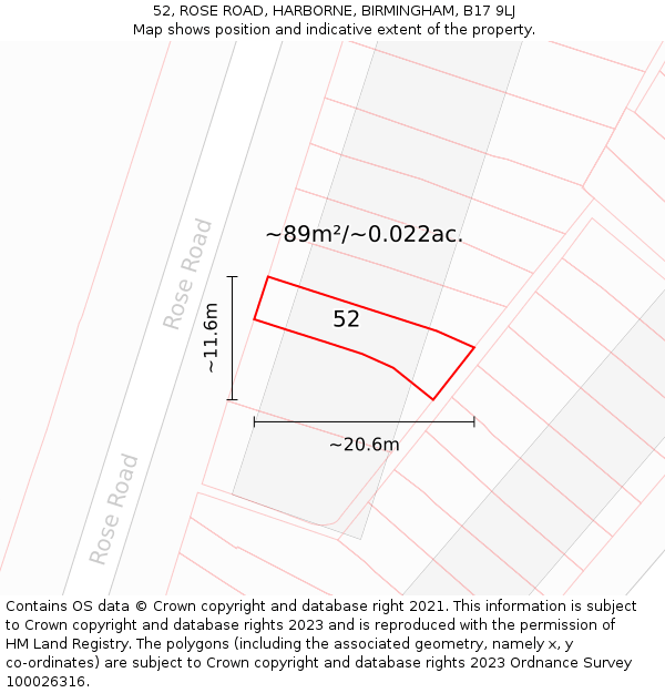52, ROSE ROAD, HARBORNE, BIRMINGHAM, B17 9LJ: Plot and title map