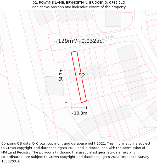 52, ROWANS LANE, BRYNCETHIN, BRIDGEND, CF32 9LQ: Plot and title map