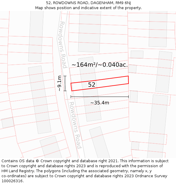 52, ROWDOWNS ROAD, DAGENHAM, RM9 6NJ: Plot and title map